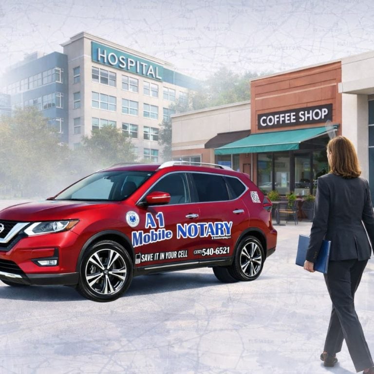 A1 Mobile Notary Lake Charles LA Vehicle at coffee shop hero