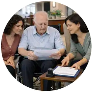 Power of Attorney & Mandate Notary in Lake Charles, LA 2 A mobile notary with A1 Mobile Notary (23+ years experience) conducts an on-site mandate and power of attorney execution with an elderly gentleman in a wheelchair and his family member at a Lake Charles, Louisiana nursing home.