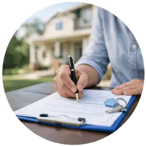 Real Estate Document Notary in Lake Charles, LA 2 A close-up view of hands signing a real estate mortgage closing document next to a house key with a professional mobile notary looking on in Lake Charles Louisiana