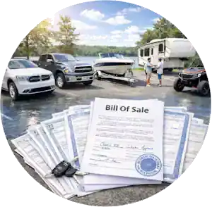 Vehicle & Boat Sale, Title & Bill of Sale Notary in Lake Charles, LA 2 A close-up view of Louisiana vehicle title transfer documents, a boat bill of sale, and ownership paperwork laid out on a clipboard with images of a car, a boat, and an RV in the background in Lake Charles Louisiana