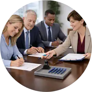 Business & Corporate Document Notary in Lake Charles, LA | A1 Mobile Notary 2 Group of corporate professionals reviewing contract documents around a conference table for a business notary appointment in Lake Charles, Louisiana.