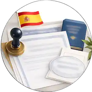 Certified Spanish Document Translation & Related Notarization in Lake Charles, LA 2 A close-up view of a professional translation workspace featuring a stack of official document certificates, a blue reference book, a Spanish flag emblem, an official notary seal stamp, and a circular certified document seal.