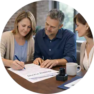 Divorce & Child Custody Document Notary in Lake Charles, LA 2 Two adults and a mobile notary reviewing family law paperwork and custody agreements at a table in Lake Charles, LA.