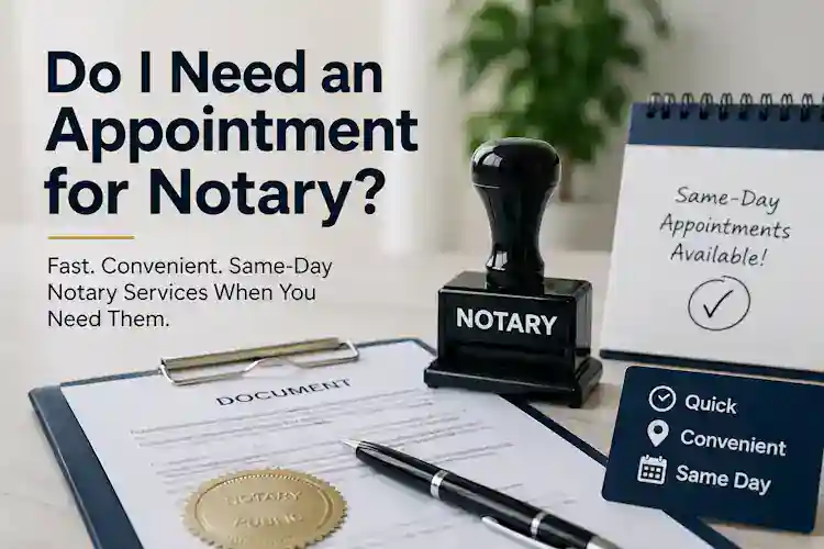 Do I Need an Appointment for Notary? 1 Notary stamp, document, pen, and appointment reminder graphic for same-day mobile notary services.