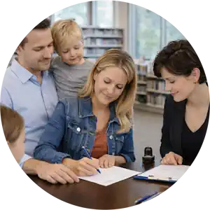 Family & Paternity Document Notary in Lake Charles, LA 2 Happy parents and two children signing family legal documents with a mobile notary at a public library in Lake Charles, Louisiana.
