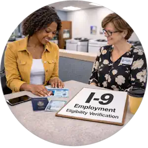 I-9 Employment Verification Notary in Lake Charles, LA 2 Two women at a copy center completing an I-9 employment eligibility verification form using a passport and identification.
