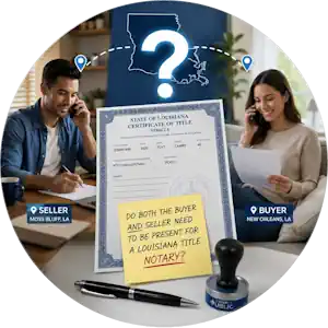 Do Both the Buyer and Seller Need to Be Present for a Louisiana Title Notary? 2 Graphic showing a Louisiana vehicle title with a question mark, a seller in Moss Bluff, LA, and a remote buyer in New Orleans communicating about notary requirements.