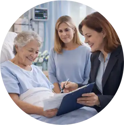 Healthcare & Medical Document Notary in Lake Charles, LA 2 A mobile notary with A1 Mobile Notary (23+ years experience) conducts an on-site hospital bedside healthcare or medical power of attorney document execution with an elderly patient and her family member in Lake Charles, Louisiana.