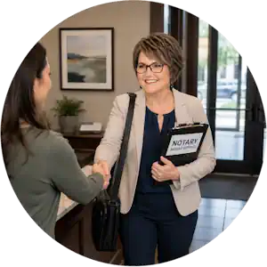 General Notary Services in Lake Charles, LA 2 A professional mobile notary specialist with A1 Mobile Notary & Bookkeeping LLC (23+ years experience) holds a clipboard and shakes hands with a business client inside a professional Lake Charles, Louisiana corporate office.