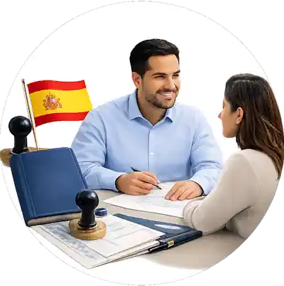 Spanish Notary Services / Servicios en Español 2 A mobile notary with A1 Mobile Notary (23+ years experience) conducts a professional document appointment in a clean office setting, reviewing bilingual paperwork with a client next to a Spanish flag emblem and a notary stamp.