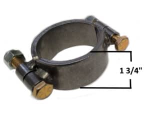 Heavy-duty metal pipe clamp with adjustable bolts for secure piping connections.