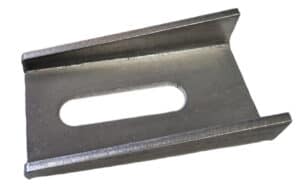 High-strength steel mounting bracket with central slot for industrial applications.