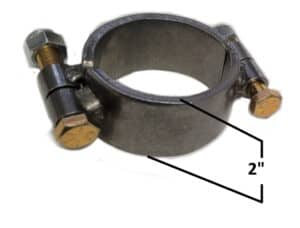 Heavy-duty steel pipe clamp with 2-inch diameter, designed for secure pipe fastening.