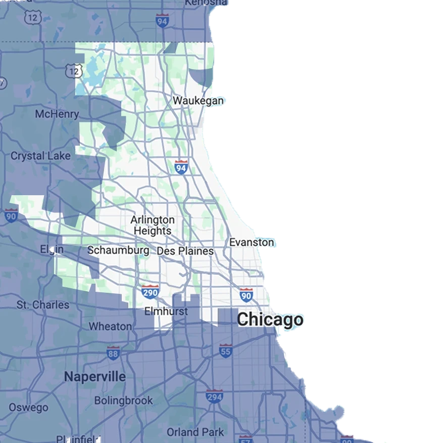 Map showing the Chicago metropolitan area and suburbs in Illinois, highlighting locations like Waukegan, Arlington Heights, and Naperville, with major highways I-94 and I-294 marked.