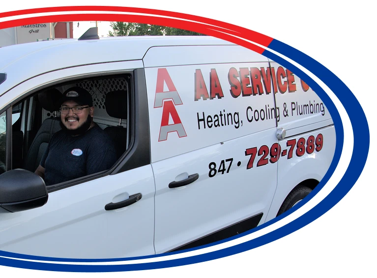 Smiling Person In A Cap Sits In The Driver'S Seat Of An Aa Service Co. Van, Which Advertises Heating, Cooling, And Plumbing Services With A Contact Number Displayed.