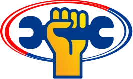 Yellow Fist Raised In Front Of Blue Crossed Wrenches, Encircled By Red And Blue Oval Lines.
