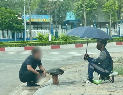 路上でヒジリガメを売る男