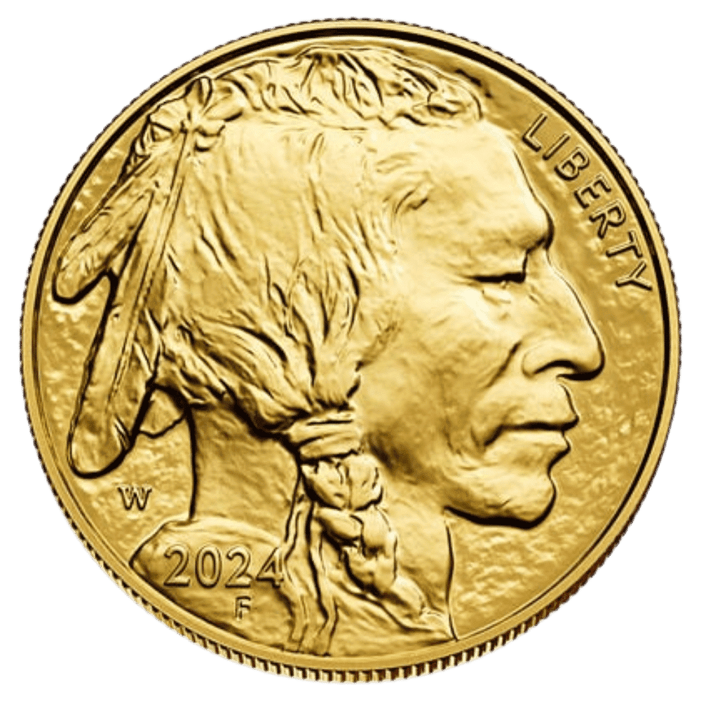 Gold coin featuring native american profile and feather headdress, symbolizing precious metals inves.