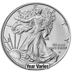 Silver eagle coin featuring lady liberty with sunburst background.