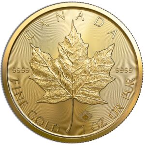 Gold maple leaf coin featuring detailed maple leaf and purity markings.