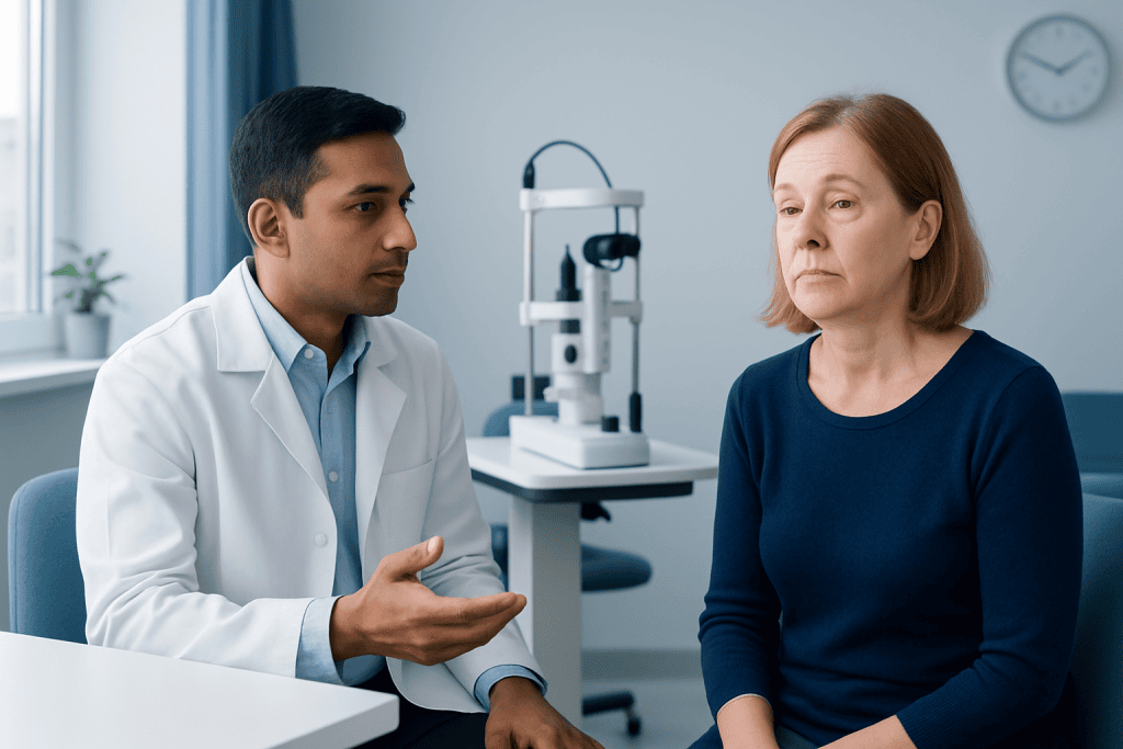 Doctor consulting with a patient about eyelid drooping at a clinic.