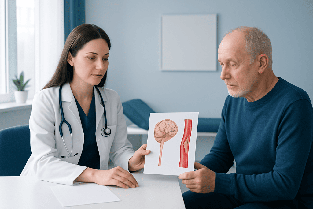 Doctor explaining brain and artery diagram to patient in consultation room.
