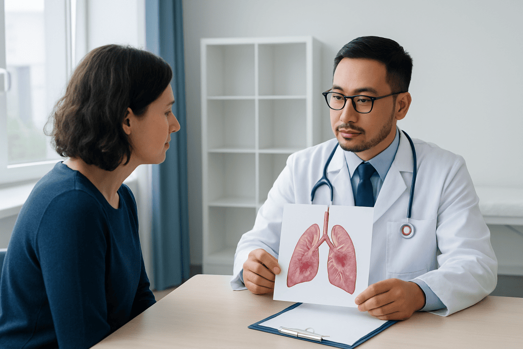 Doctor explaining lung health to patient with lung diagram.