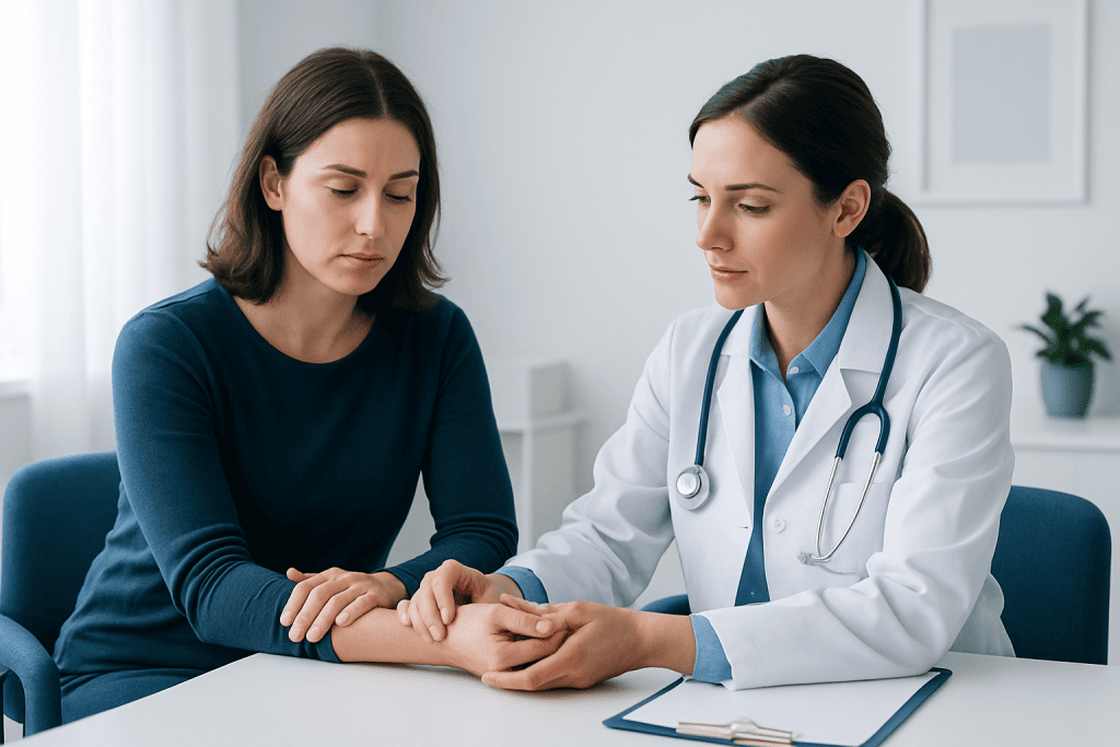 Doctor examining patient's wrist for thumb pain assessment.