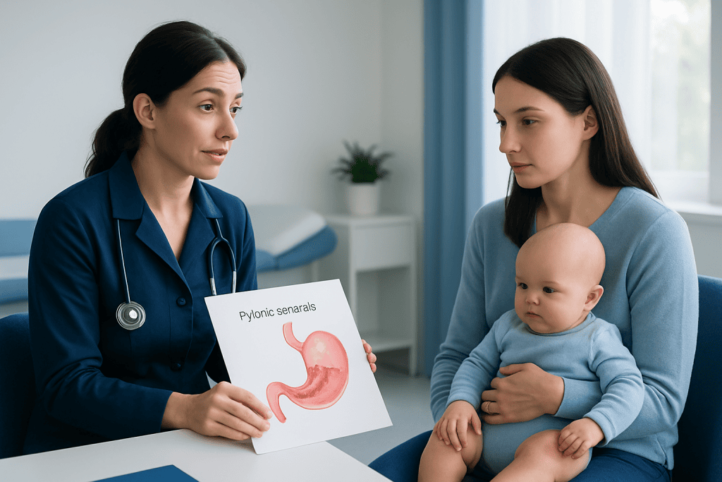 Pediatric consultation about pyloric stenosis with doctor and mother.