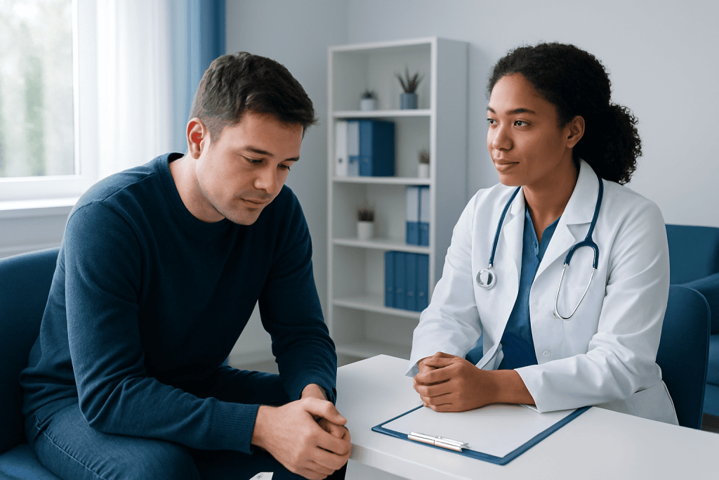 Doctor consulting with a patient in a modern medical office.