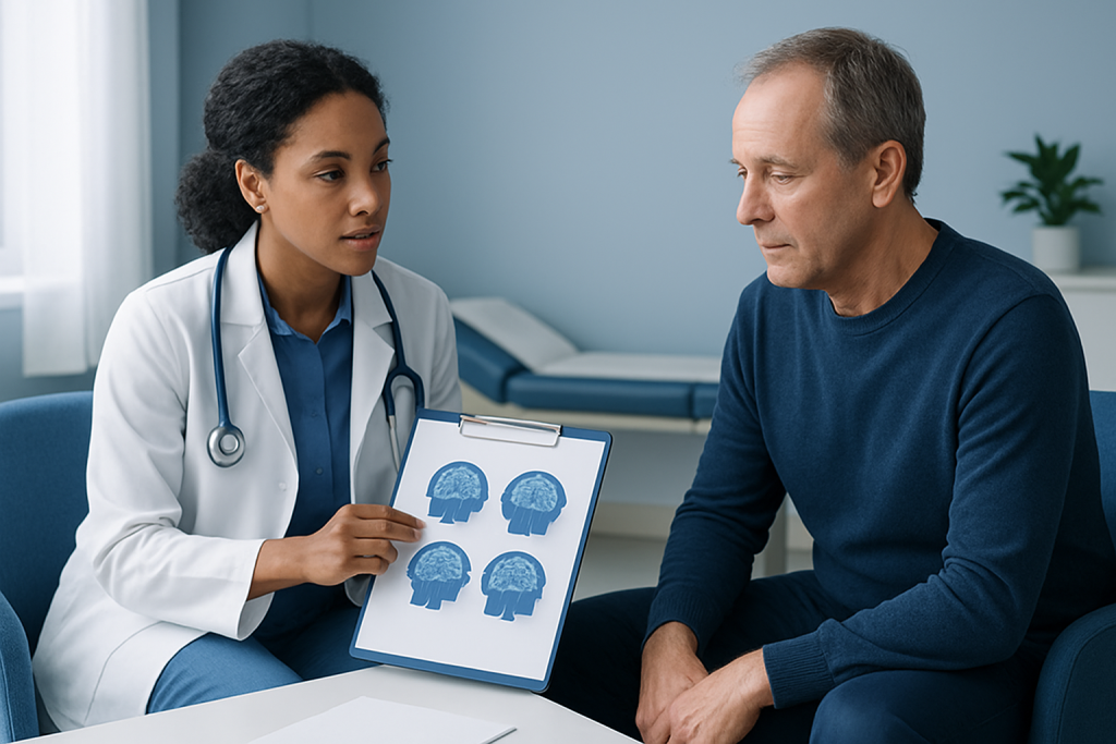 Doctor explaining brain scans to patient in a consultation room.