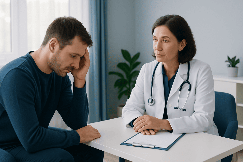 Depressed man consulting a doctor in a medical office.