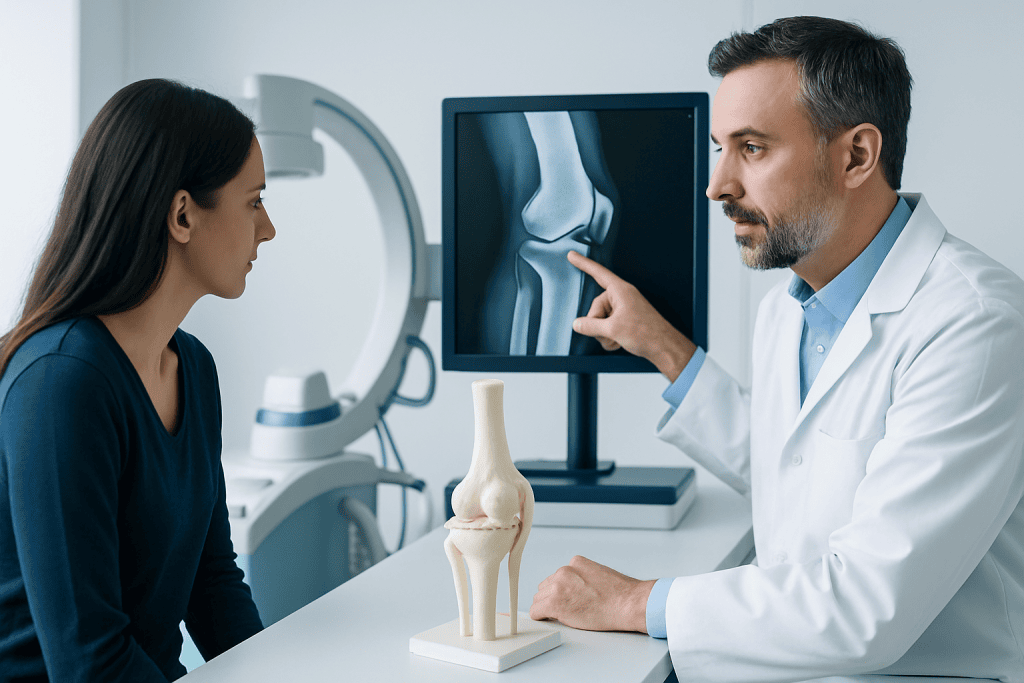 Orthopedic doctor explaining knee X-ray to patient in clinic.