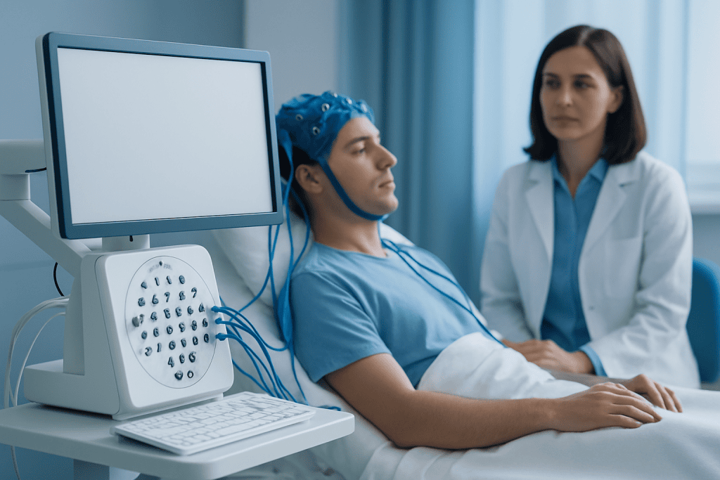 Patient undergoing neurological test in a hospital setting.