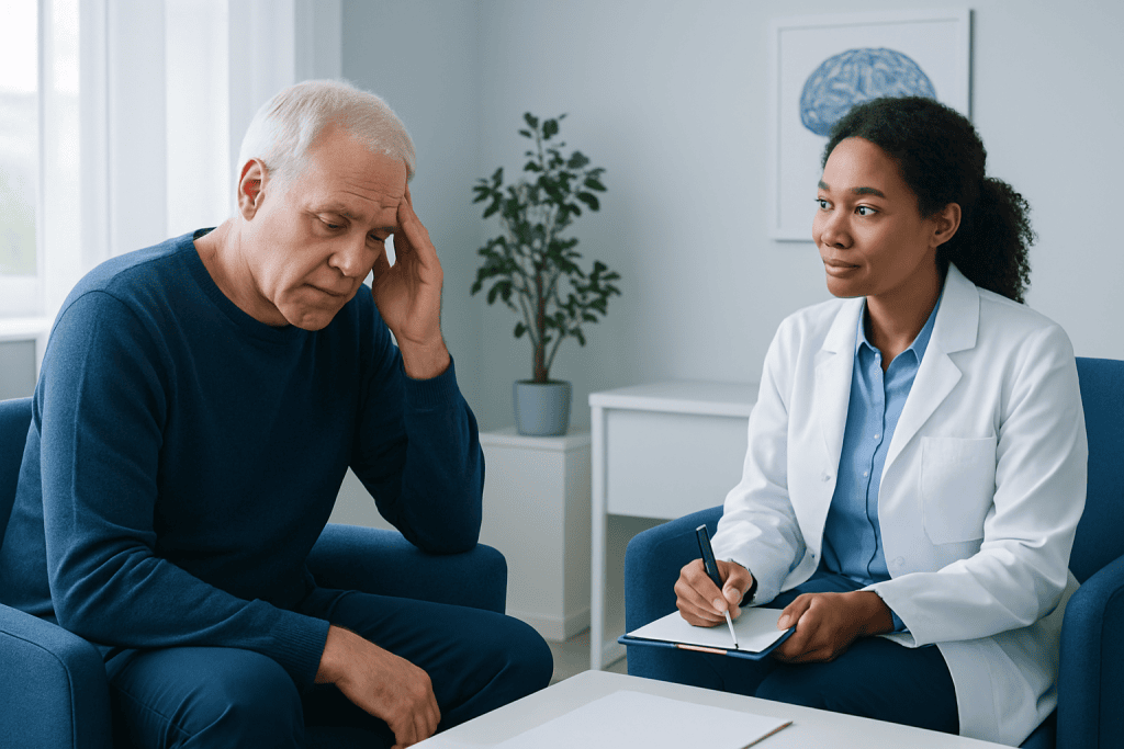 Doctor consulting with an elderly patient during a neuropsychological evaluation.