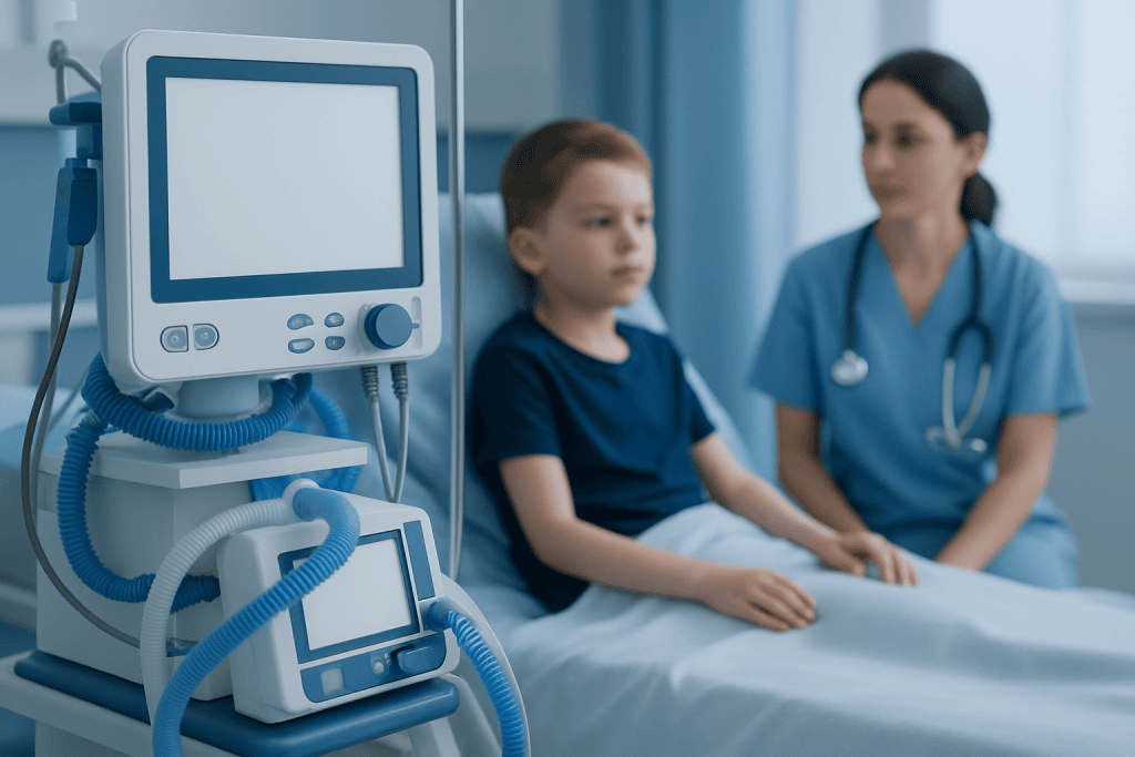 Child in hospital bed with medical equipment and nurse in background.