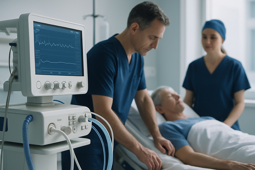 Medical team monitoring a patient in a hospital ICU with advanced equipment.