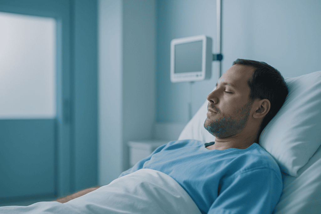Patient resting in hospital bed at Acibadem Hospital.