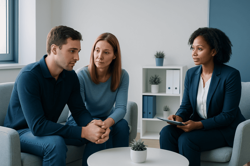 Therapist and clients in a counseling session at Acibadem Hospitals Group.