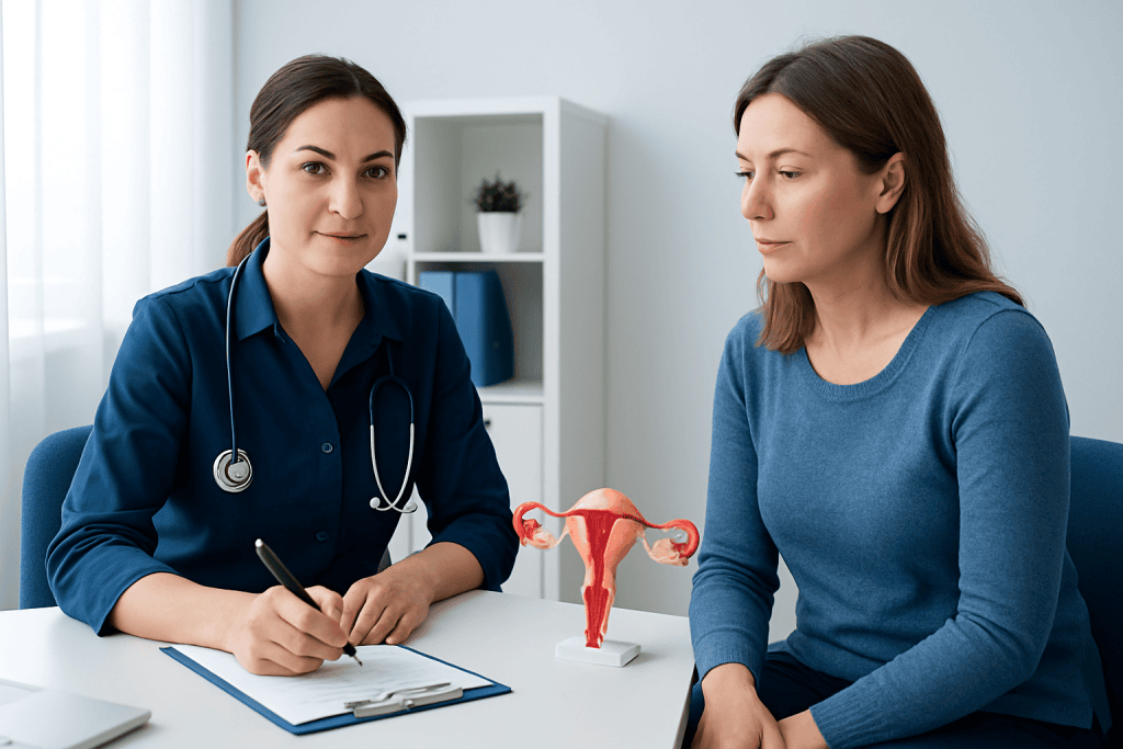 Doctor consulting a woman about fertility health with a uterus model present.