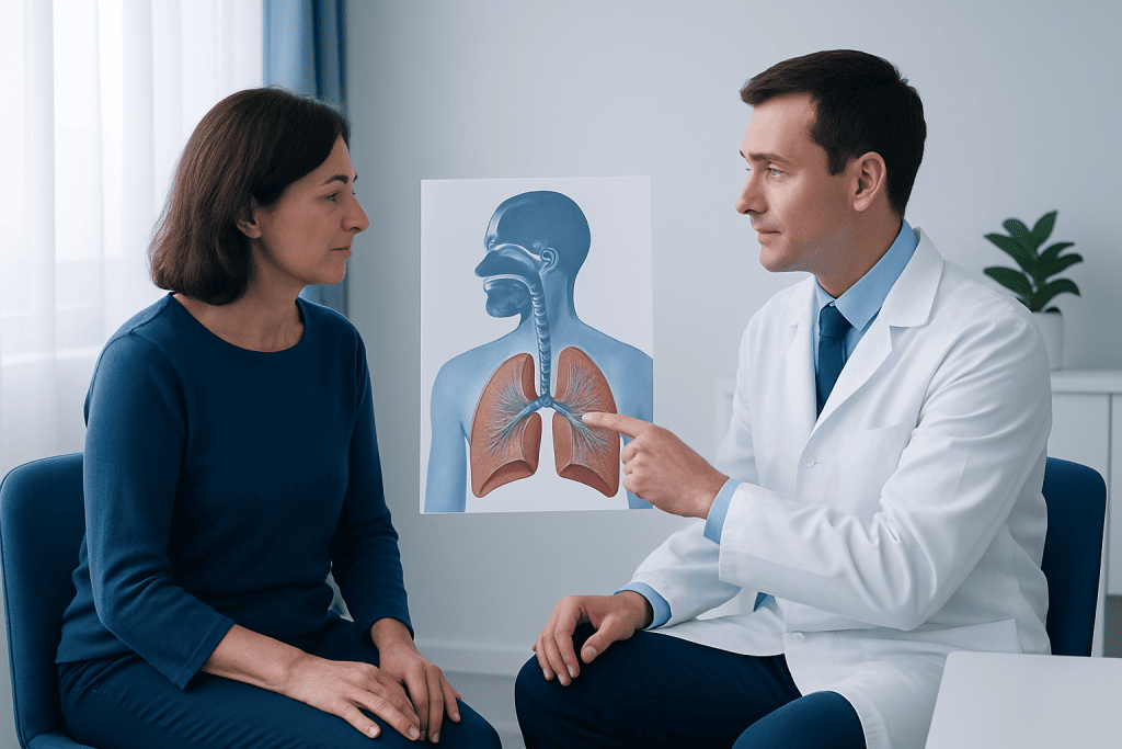 Doctor explaining lung anatomy to a patient in a medical consultation room.