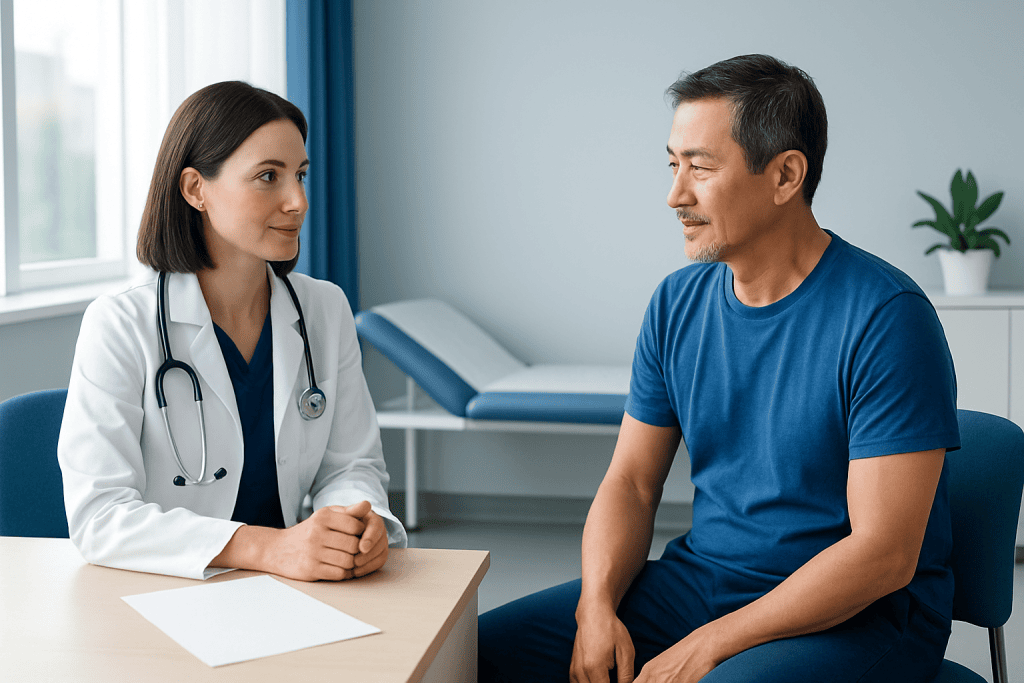 Doctor consulting with male patient in a medical office setting.