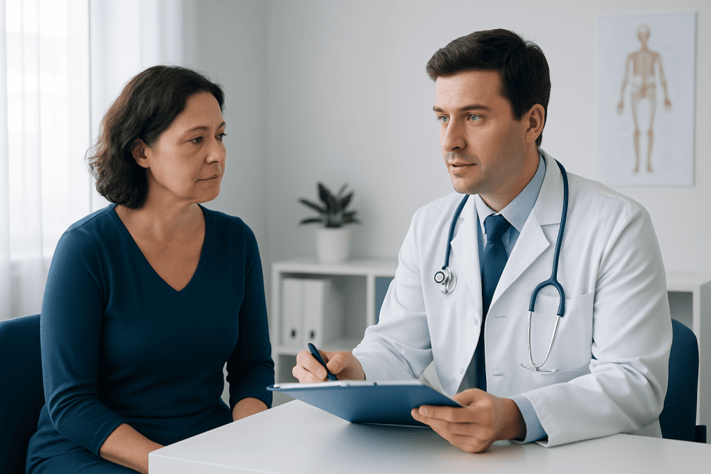 Doctor consulting with a female patient in a medical office setting.