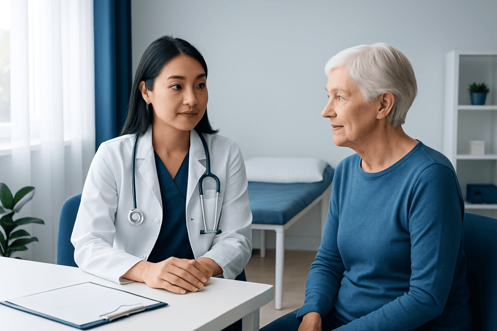 Doctor consulting elderly patient in a medical office setting.