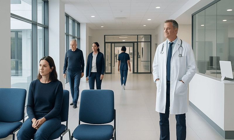 Medical consultation in modern hospital corridor with doctor and patients.