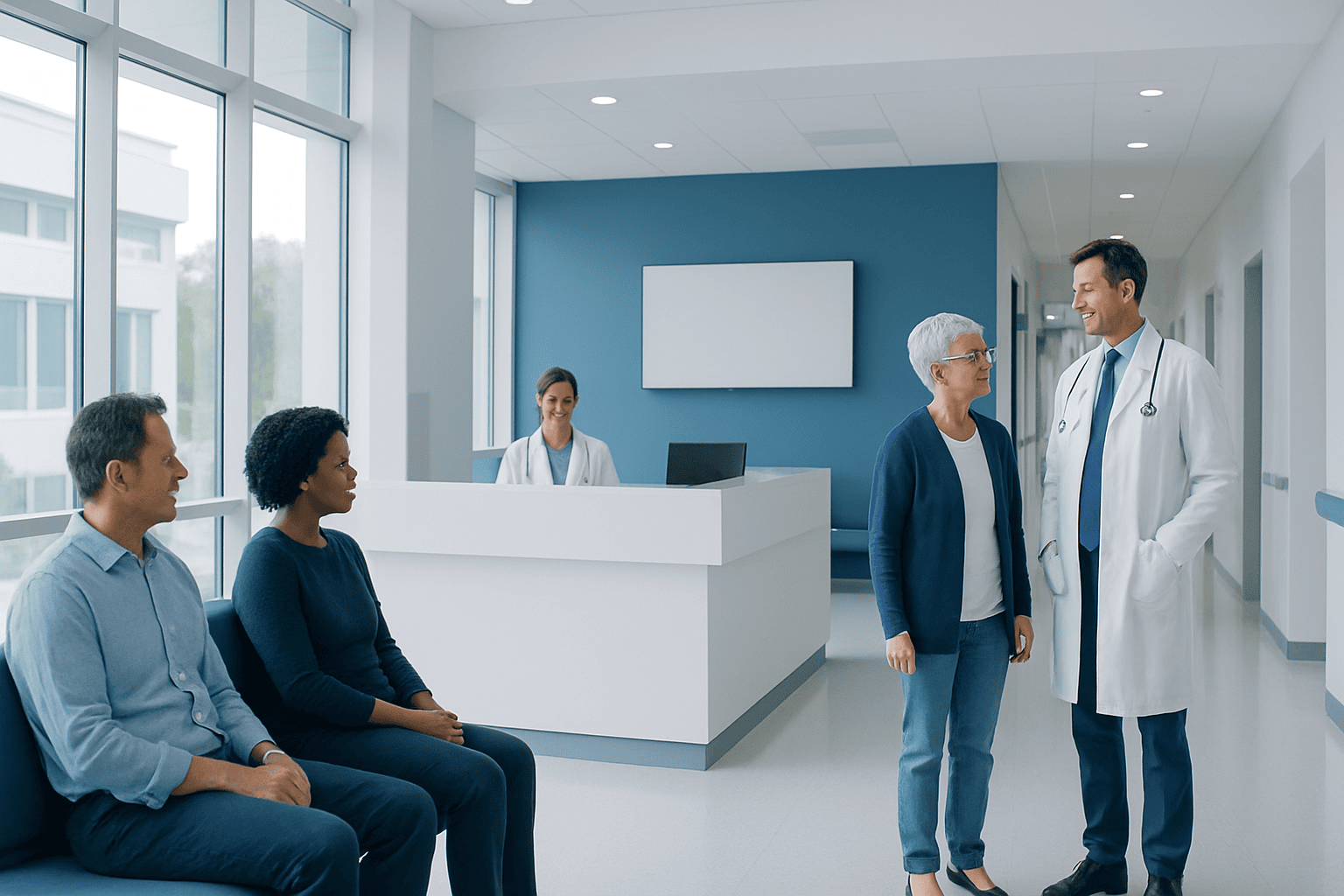 Doctors and patients in a modern hospital corridor.