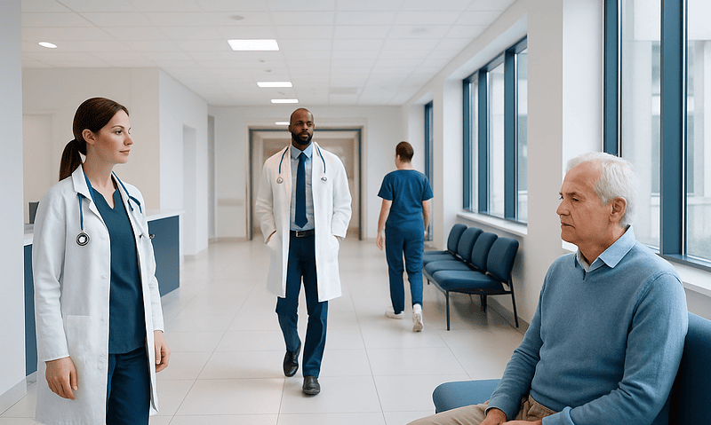 Medical professionals and patient in hospital corridor for diabetes evaluation.