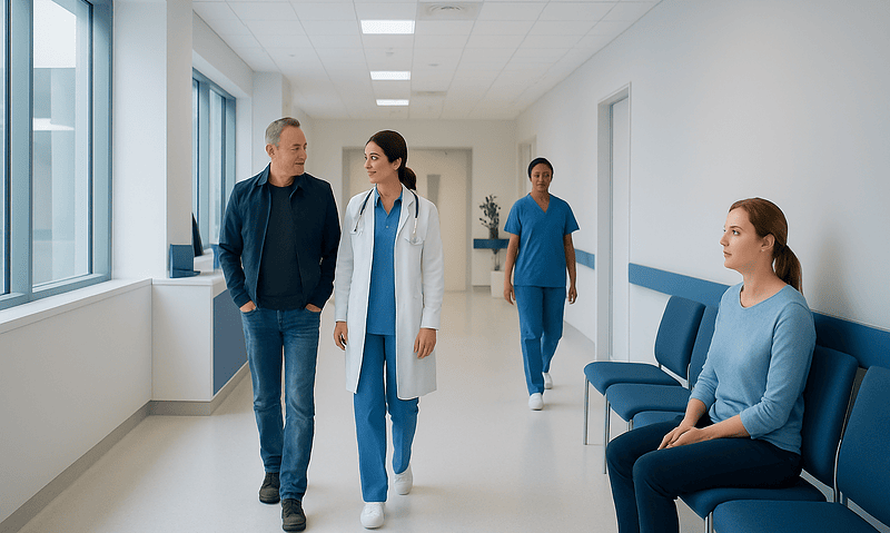 Doctor consulting with patient in hospital corridor at Acibadem Hospitals Group.