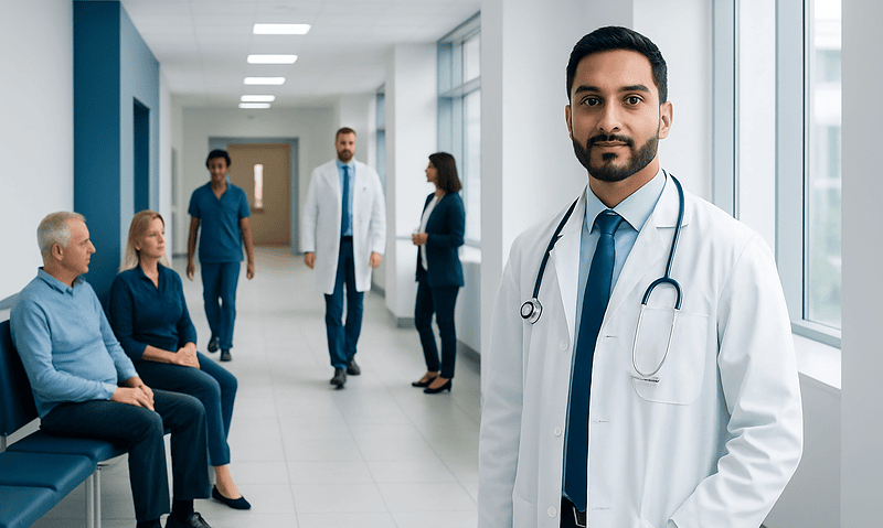 Healthcare professionals and patients in a modern hospital corridor.