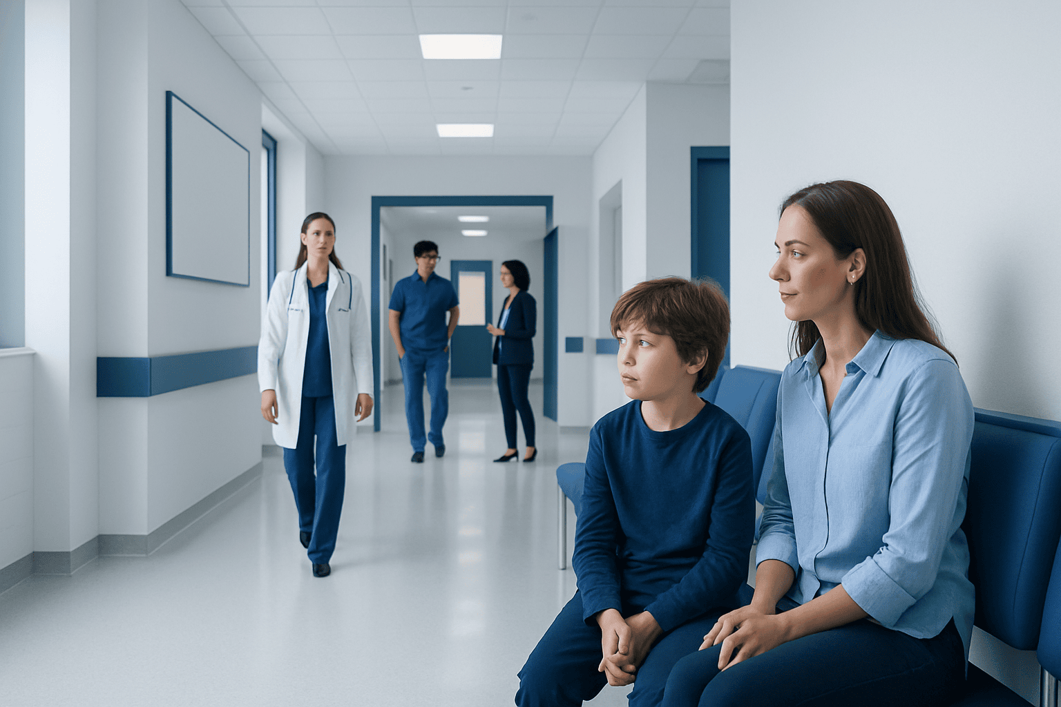 Child and mother waiting in hospital corridor for neurological evaluation.
